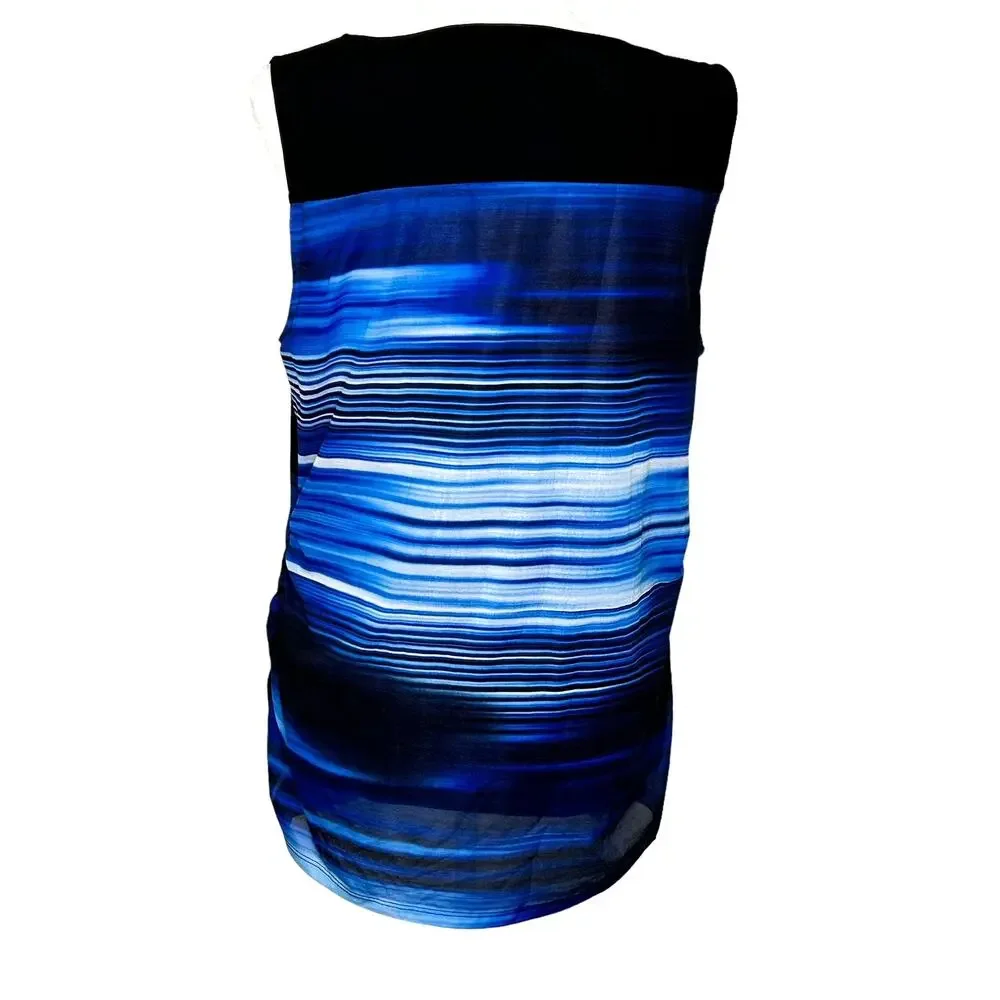 Lane Bryant Black Blue Striped Sleeveless Top Cut Out Design Ruched Sides - Picture 6 of 9